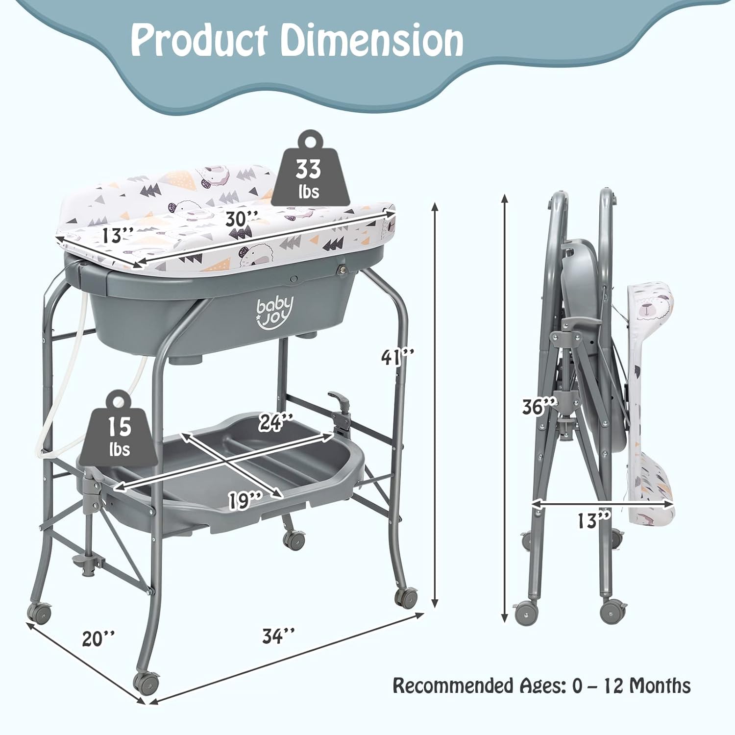BABY JOY Baby Bathtub with Changing Table, Foldable Infant Diaper Changing Station with Storage