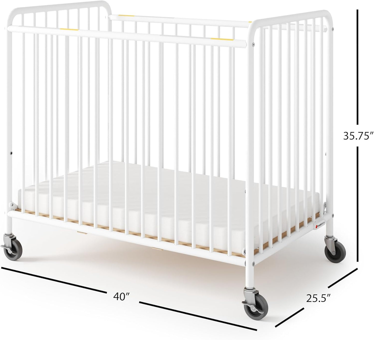 Foundations Chelsea Slatted Metal Compact Daycare Crib, 3" Casters, Compact Mini Size, Easy to