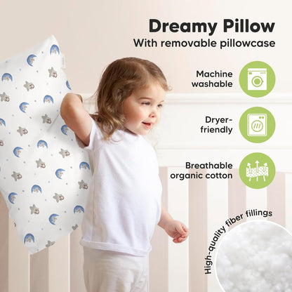 KeaBabies Toddler Pillow with Pillowcase, Jumbo 14X20 - Soft Organic Cotton Toddler Pillows for Sleeping - Machine Washable - Perfect for Travel, Toddler Bed Set (Space Drift)