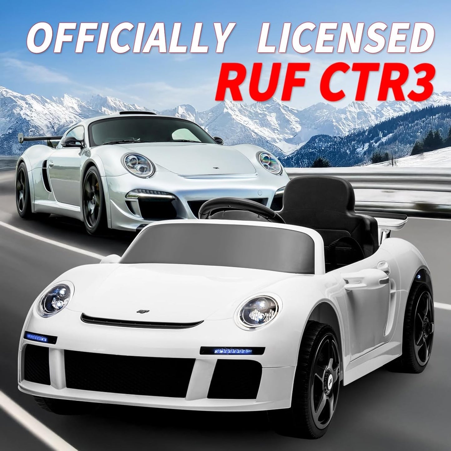 Licensed RUF CTR3 12V Kids Electric Car with Parent Remote Control, 2 Motors, 3 Speeds, LED Lights, MP3 Player | Battery Powered Ride-On Toy for Kids to Drive - White
