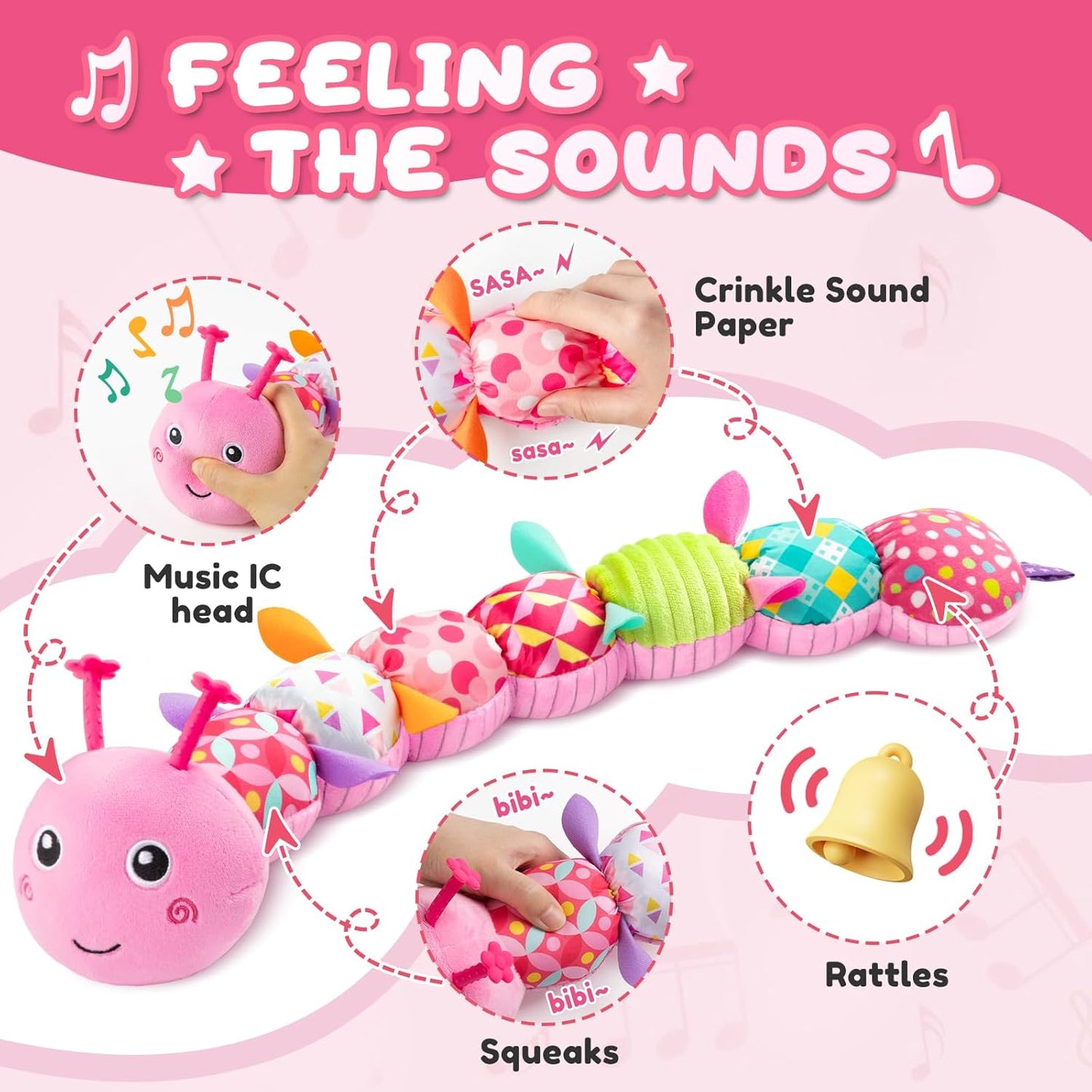 Baby Toys 0-6-12 Months,Infant Musical Stuffed Animals Activity Toys with Muti-Sensory Crinkle,Rattles,Baby Girl Toys Gifts for Newborn Tummy Time,Caterpillar,Pink