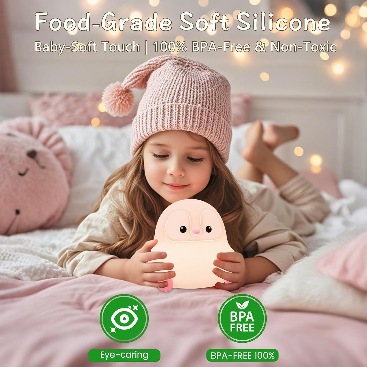 Penguin Night Light for Kids,Cute Pink Penguin Touch Lamp,Soft Silicone Nursery Nightlight,LED Squishy Novelty Animal Bedside Lamp,Rechargeable/Dimmable/Timer Desk Lamp,Kids Room Decor