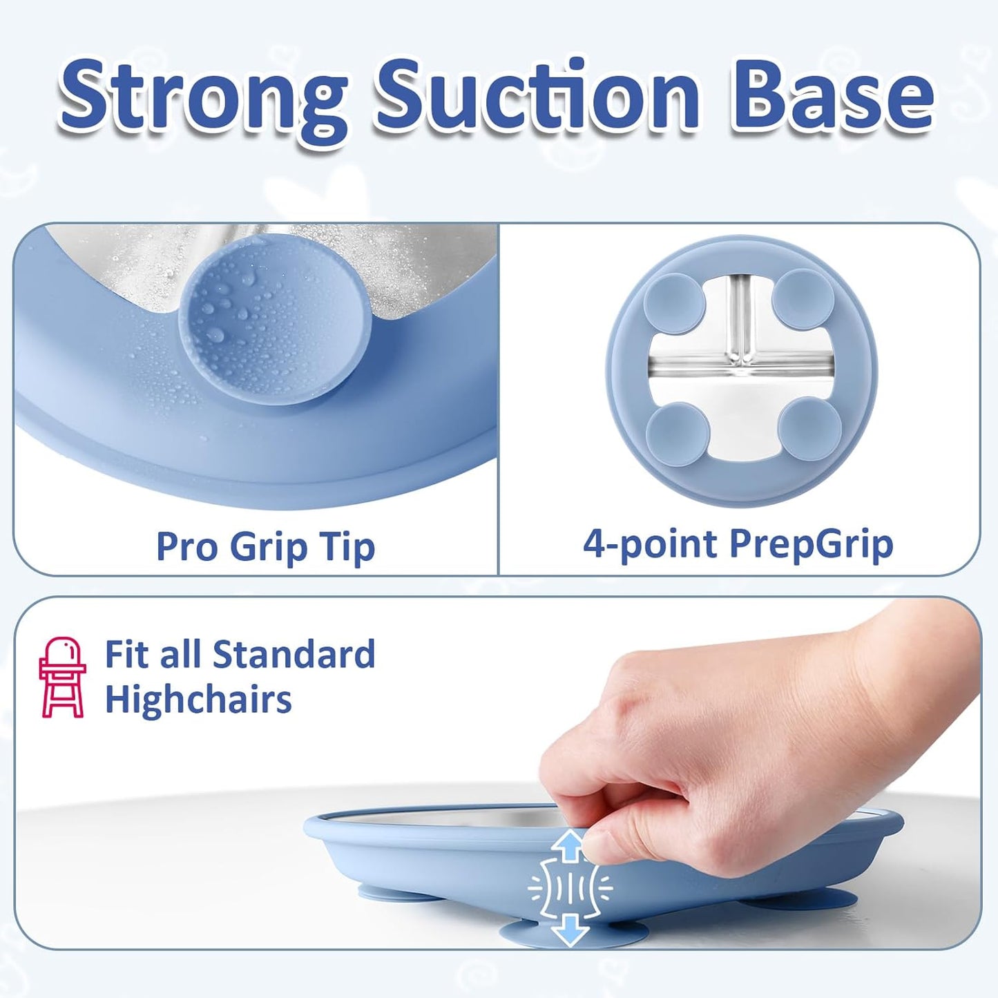 Stainless Steel Suction Plates for Toddlers, 9" Divided Kids Baby Plates with Removable Silicone Suction, Non Toxic Non Slip Portion Control Snack Dishes 3 Packs, Blue Gray Blush