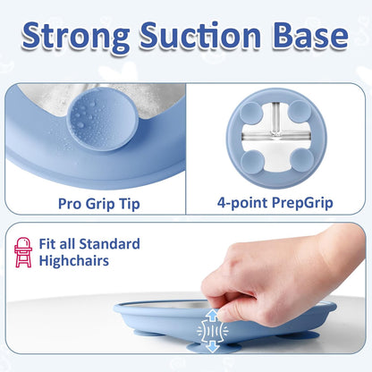 Stainless Steel Suction Plates for Toddlers, 9" Divided Kids Baby Plates with Removable Silicone Suction, Non Toxic Non Slip Portion Control Snack Dishes 3 Packs, Blue Gray Blush