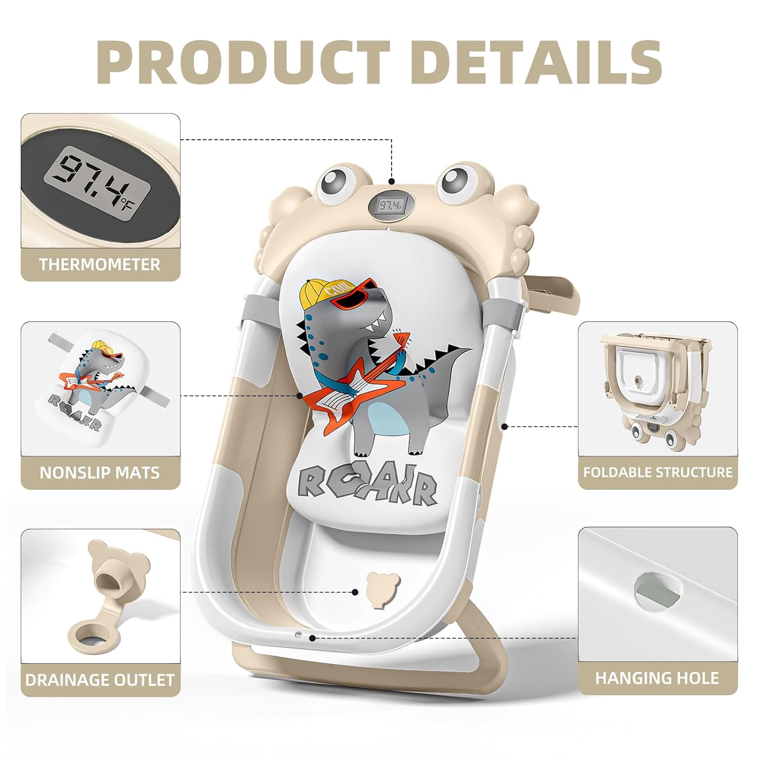 Collapsible Baby Bathtub for Infants to Toddler with Real-time Temp Monitor+Floating