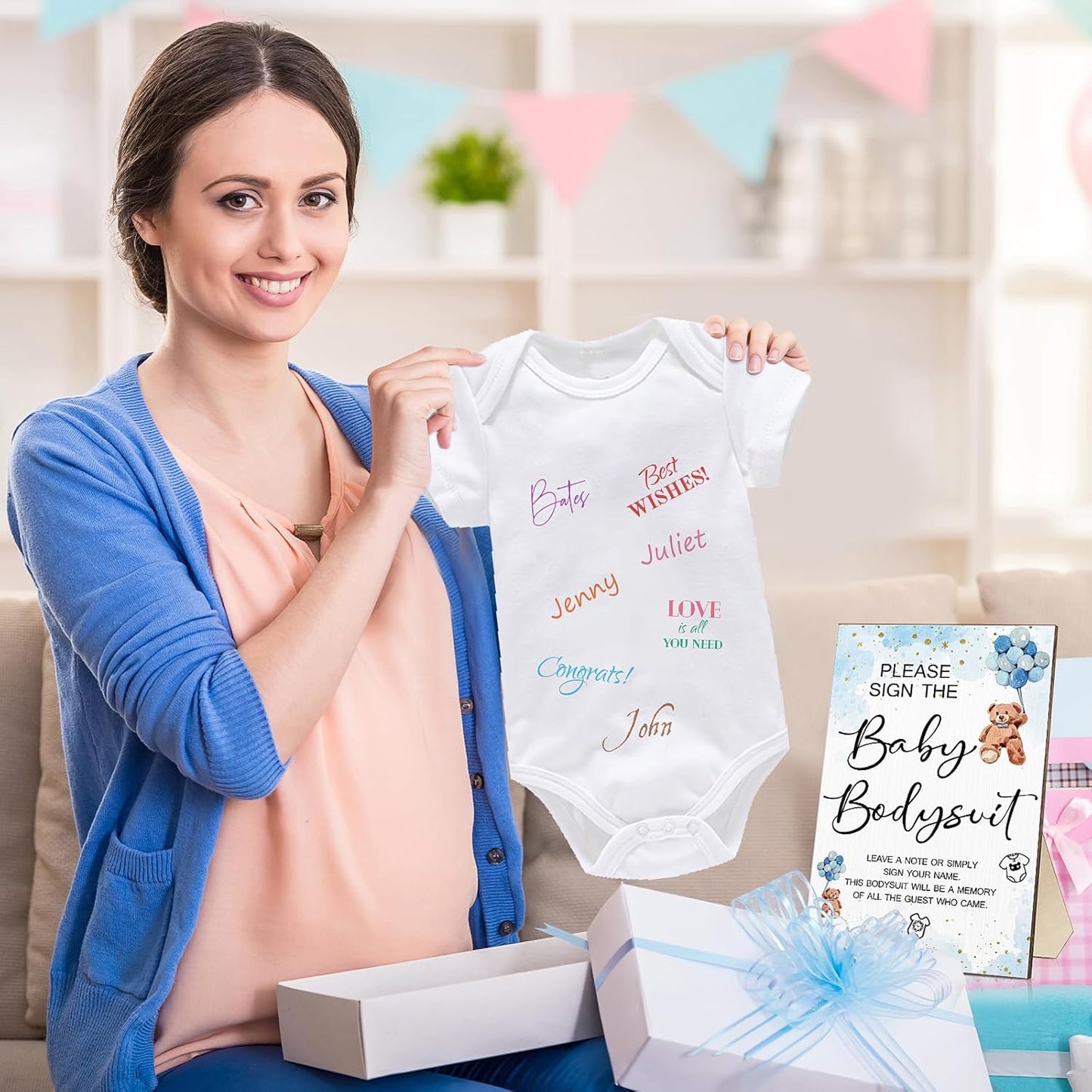 Qunclay 12 Pcs Baby Bodysuit Baby Shower Game Include 1 Game Wooden Sign Tabletop Decor 1 White Blank Newborn Bodysuit 10 Fabric Marker for Gender Reveal Party(Blue Bear)