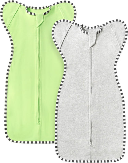 Transition Swaddle, 2 Pack 100% Cotton Baby Sleep Sack, 2-Way Zipper Infant Arm Up Swaddle for Newborn Baby Boys Girls (Light Green + Light Grey, M(3-6 Months))
