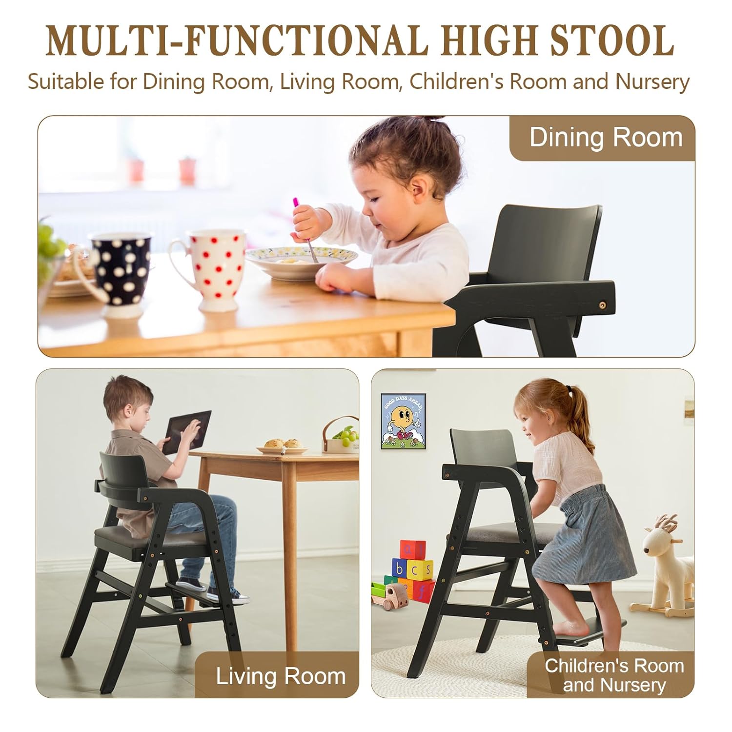 Solid Wood High Chair for Toddlers to Teens, Adjustable Height Toddler Dining Chair, Easy to Clean
