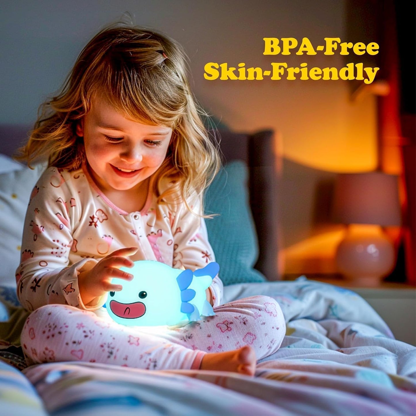 UNEEDE Blue Axolotl Night Light for Kids, Animal Silicone Nursery Night Lamp, Rechargeable Table Lamp, Cute Room Decor Night Light for Bedroom, Living Room, Dining, Desk Decorations, Gift