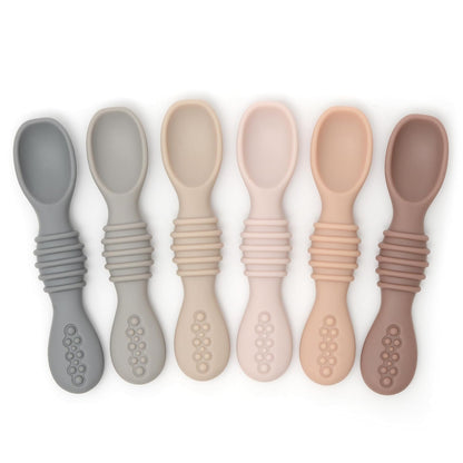 PrimaStella Silicone Chew Spoon 6-Piece Set | First Stage Feeding Spoons | Baby Led Weaning Supplies | BPA Free | Dishwasher and Boil Safe | Neutral Palette