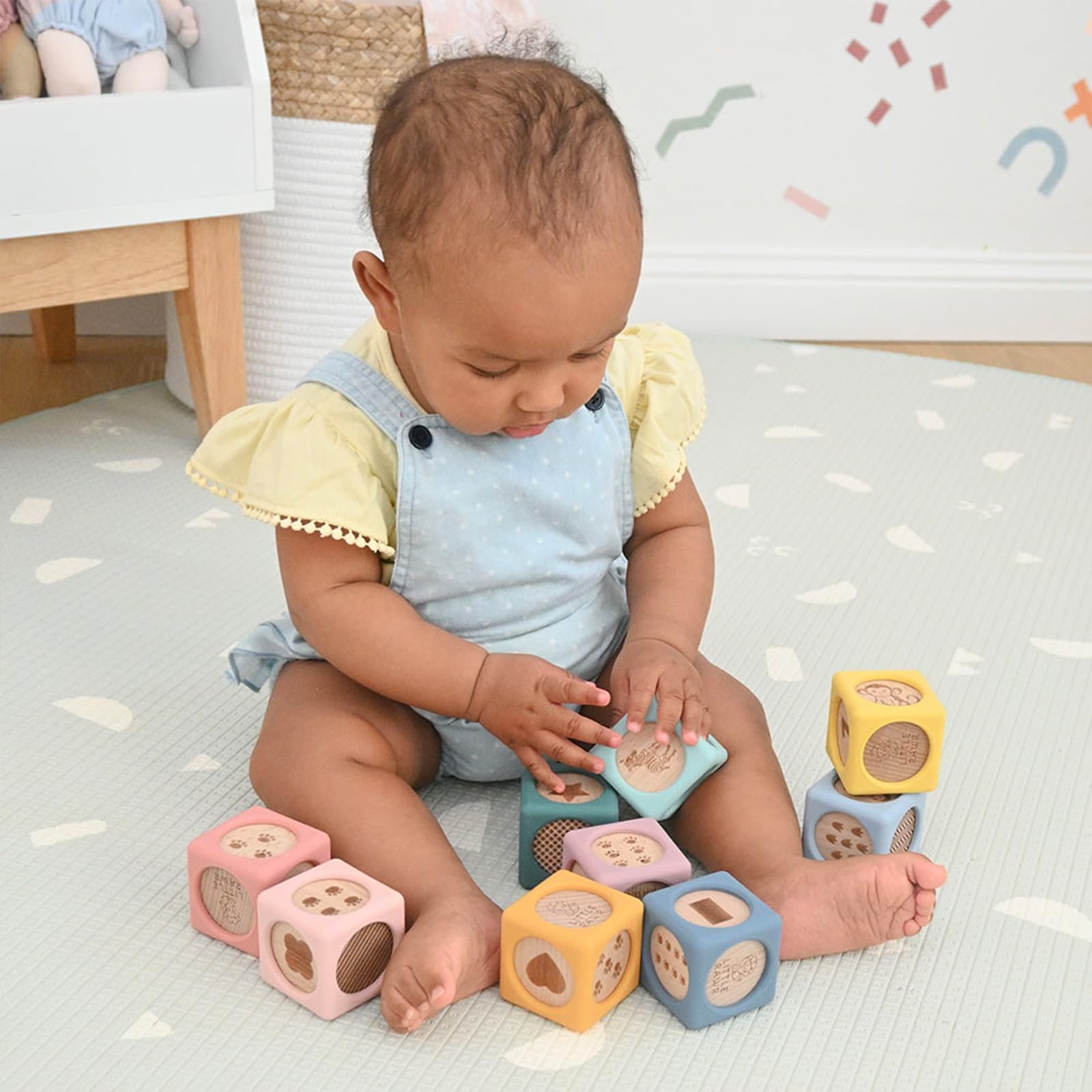 Little Rawr 9 Pcs Baby Silicone & Wooden Stacking Blocks, Food-Grade Silicone Baby Toy with Natural
