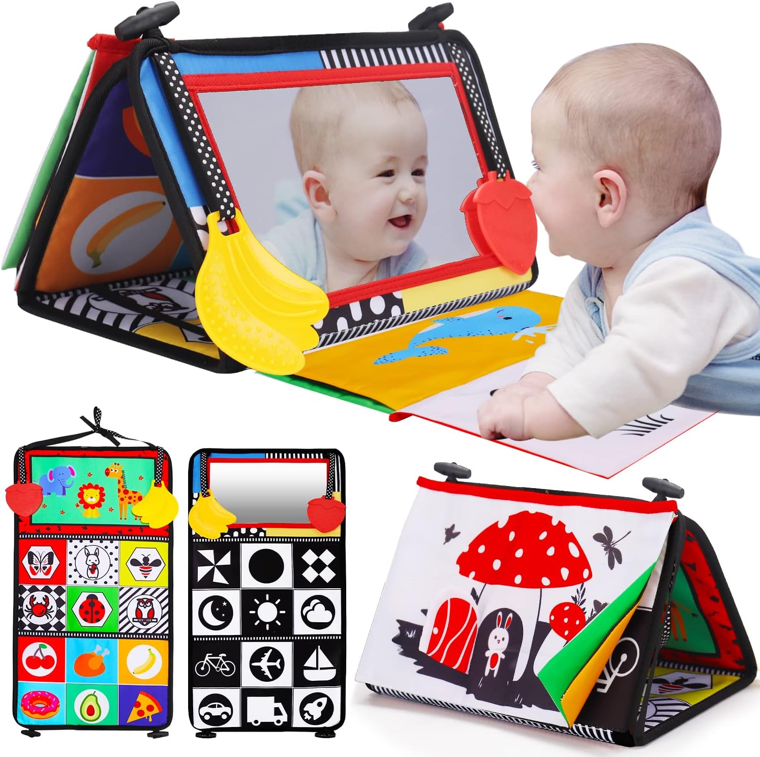 Tummy Time Baby Mirror Infant Toys Newborn 0 3 Months Brain Development with Crinkle Cloth Book