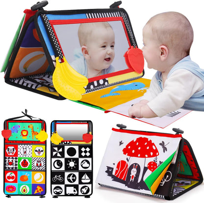Tummy Time Baby Mirror Infant Toys Newborn 0 3 Months Brain Development with Crinkle Cloth Book
