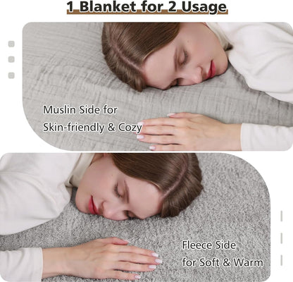 EMME Muslin and Fleece Twin Blanket Reversible - 60"*80" Grey Soft Warm Throw Blankets for Couch Bed Picnic Travel Bed