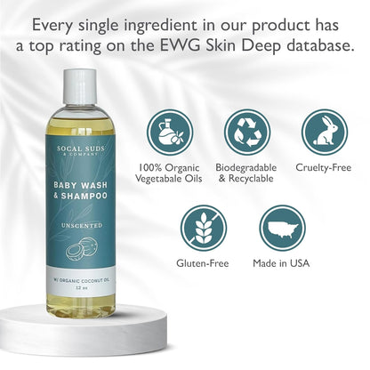 SoCal Suds & Company Baby Shampoo & Body Wash, 2-in-1 Organic Gel - Gentle Castile Soap with