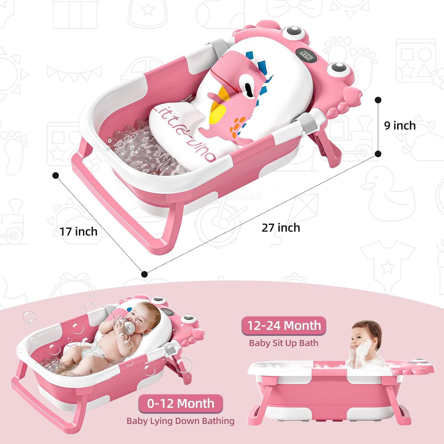 Collapsible Baby Bathtub for Newborns to Toddler with Real-time Temp Monitor & Floating