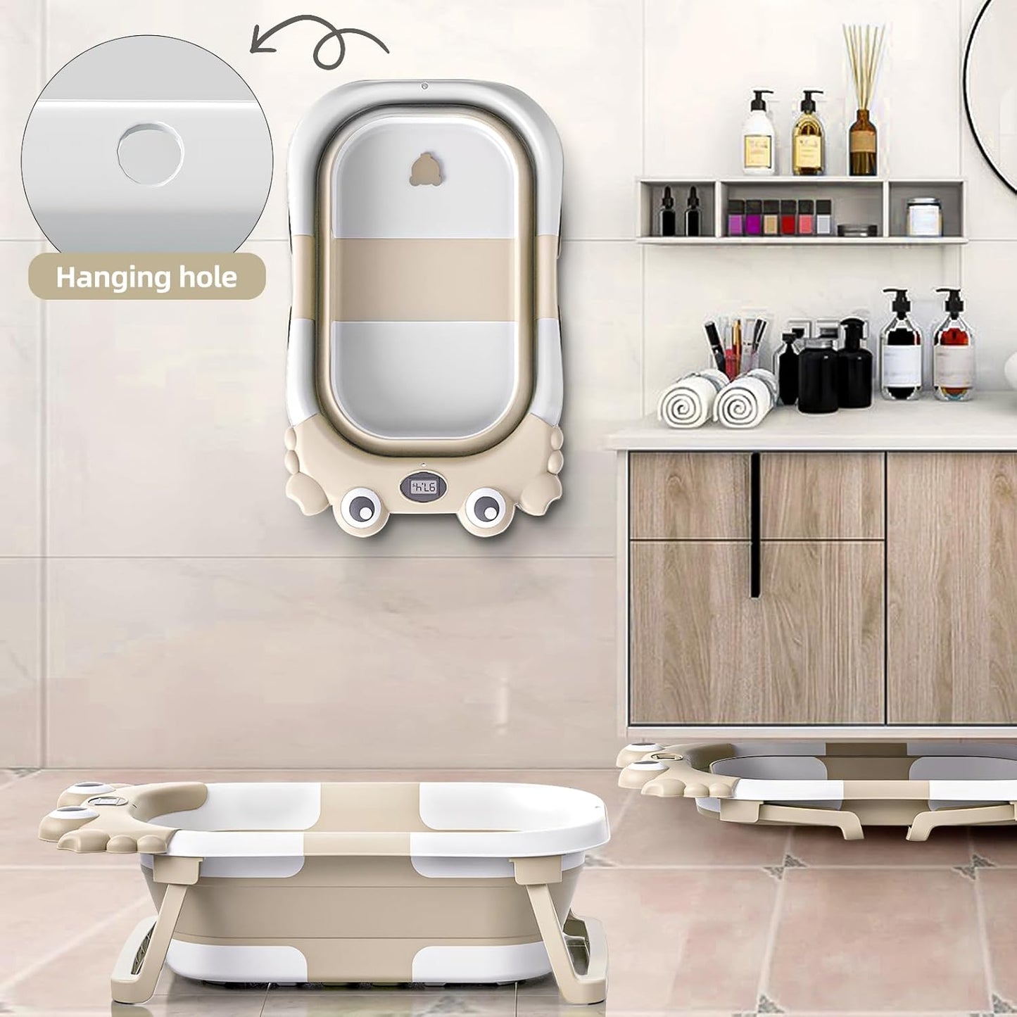 Collapsible Baby Bathtub for Infants to Toddler with Real-time Temp Monitor+Floating