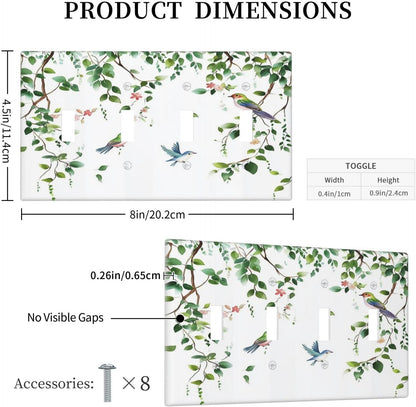 Light Switch Covers Green Leaves Bird Eucalyptus Sage Plant Quad Toggle Electrical Faceplate 4 Gang Wall Plate Decorative Switch Plates For Bed Room Living Room Decor