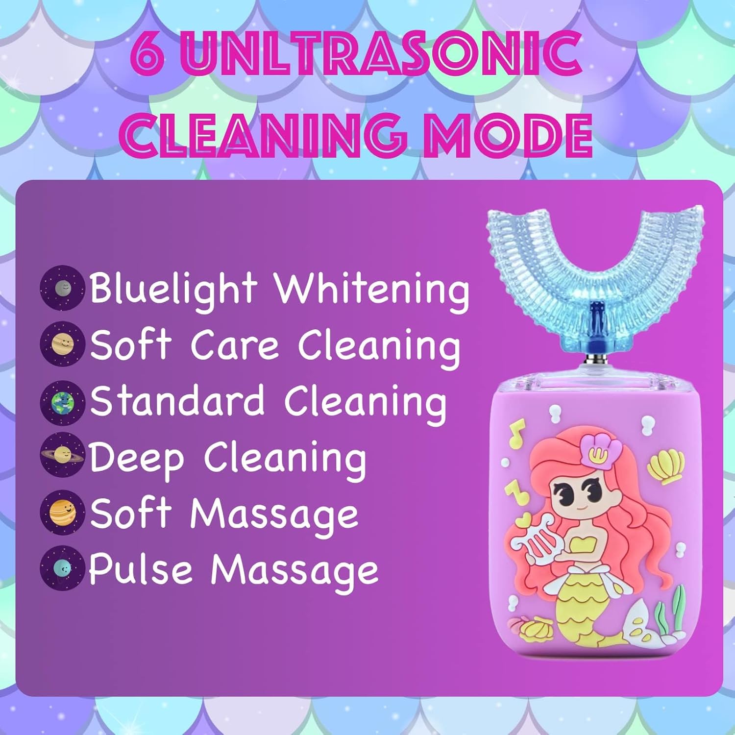 Kids Electric Toothbrush, U Shaped Toothbrush Kids Sonic Automatic Brush with 5 Brush Head 6 Sonic