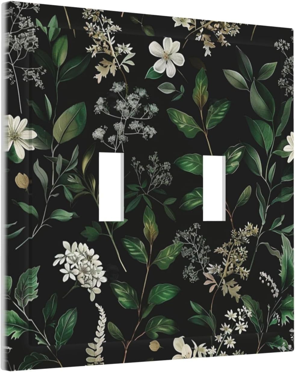 Decorative Switch Covers Plate Rustic Green Leaves White Flower 2 Gang Wall Plate Unique Double Toggle Light Switch Plate Wall Cover Plate Faceplate for Country Bedroom Home Decor