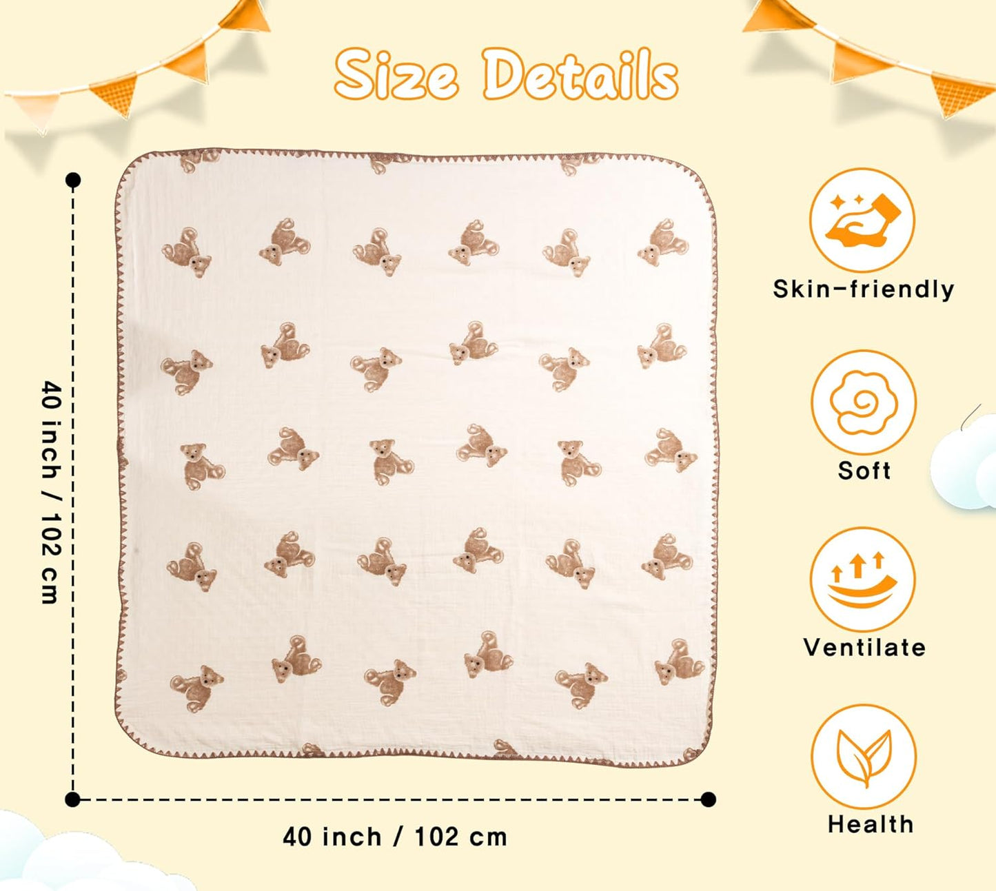 Baby Blanket Double Layer Cotton 40 x 40 Soft Receiving Blanket with Pattern Machine Washable Brown