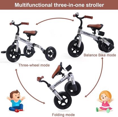 Ancaixin 3 in 1 Toddler Tricycles for 2-5 Years Old Boys Girls with Adjustable Seat Detachable Pedal and Bell, Foldable Baby Balance Bike Riding Toys, Kids Birthday Christmas New Year Gift (Silver)