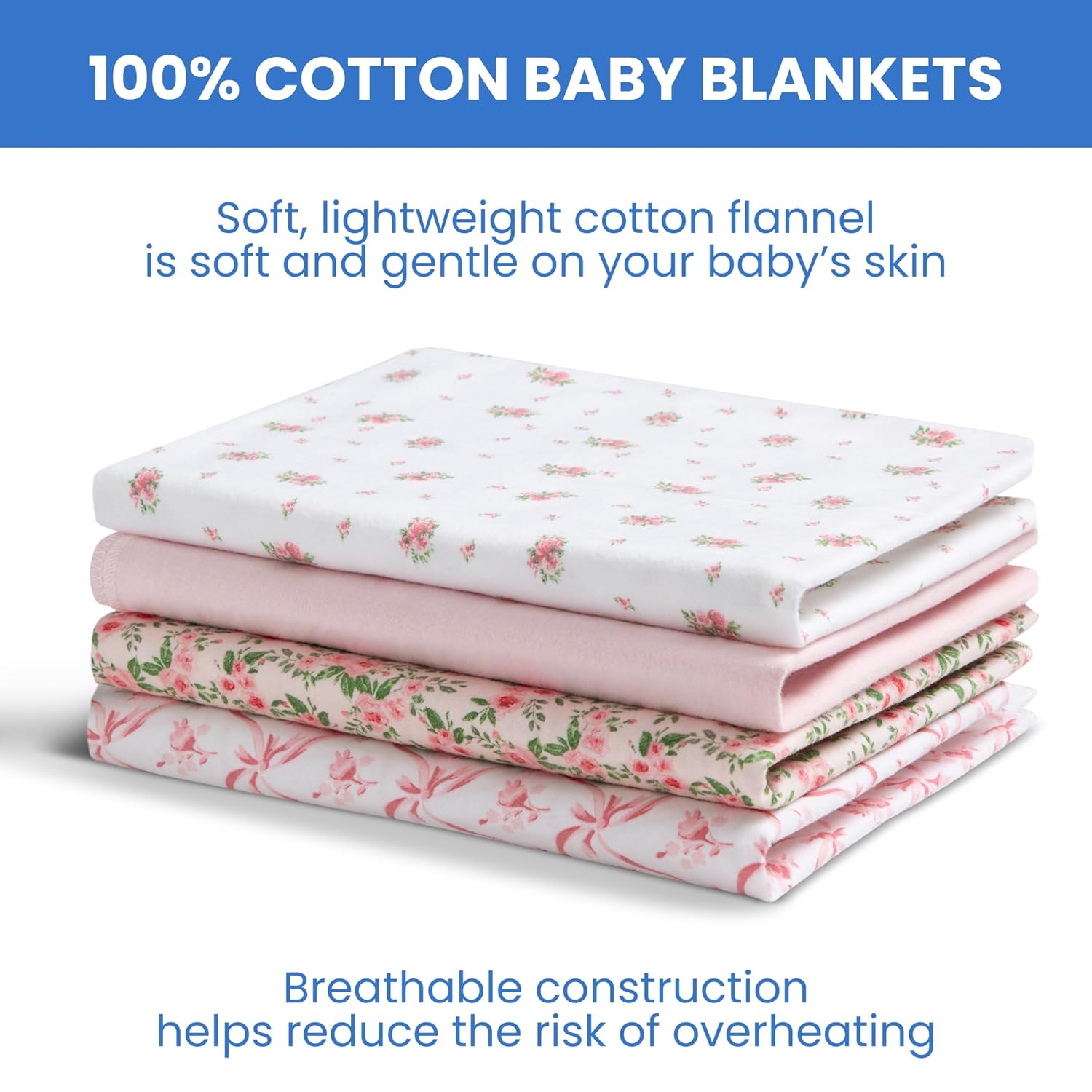 Delta Children 100% Cotton Flannel Baby Receiving Blankets for Girls and Boys – 30x30 Inches (Pack
