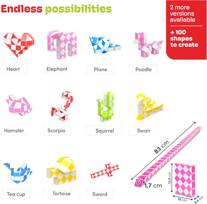CUBIDI® Magic Snake Cube | Fidget Snake Toy for Kids | Travel Toys for Kids Ages 4-8 | Great Gift for Boys and Girls Birthday, Christmas, Stocking Stuffers - 48 Blocks | 0.9 inch x 0.7 inch | Pink