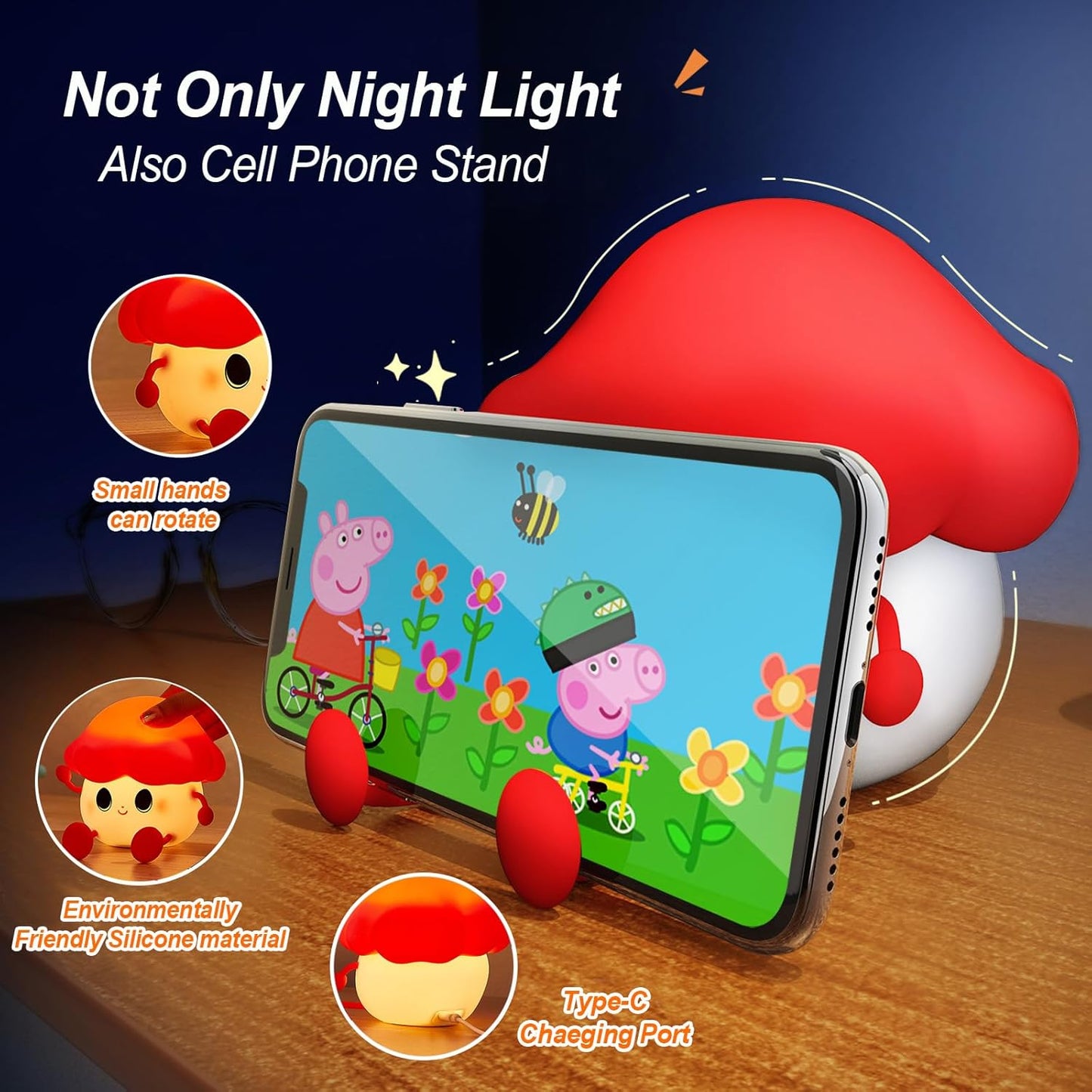 Mushroom Night Light for Kids, Cute Silicone Night Light, 7 Adjustable Color Breathing Mushroom Lamp, Rechargeable USB LED Touch Light for Children's Room Decor, Christmas Birthday Gift (Red)