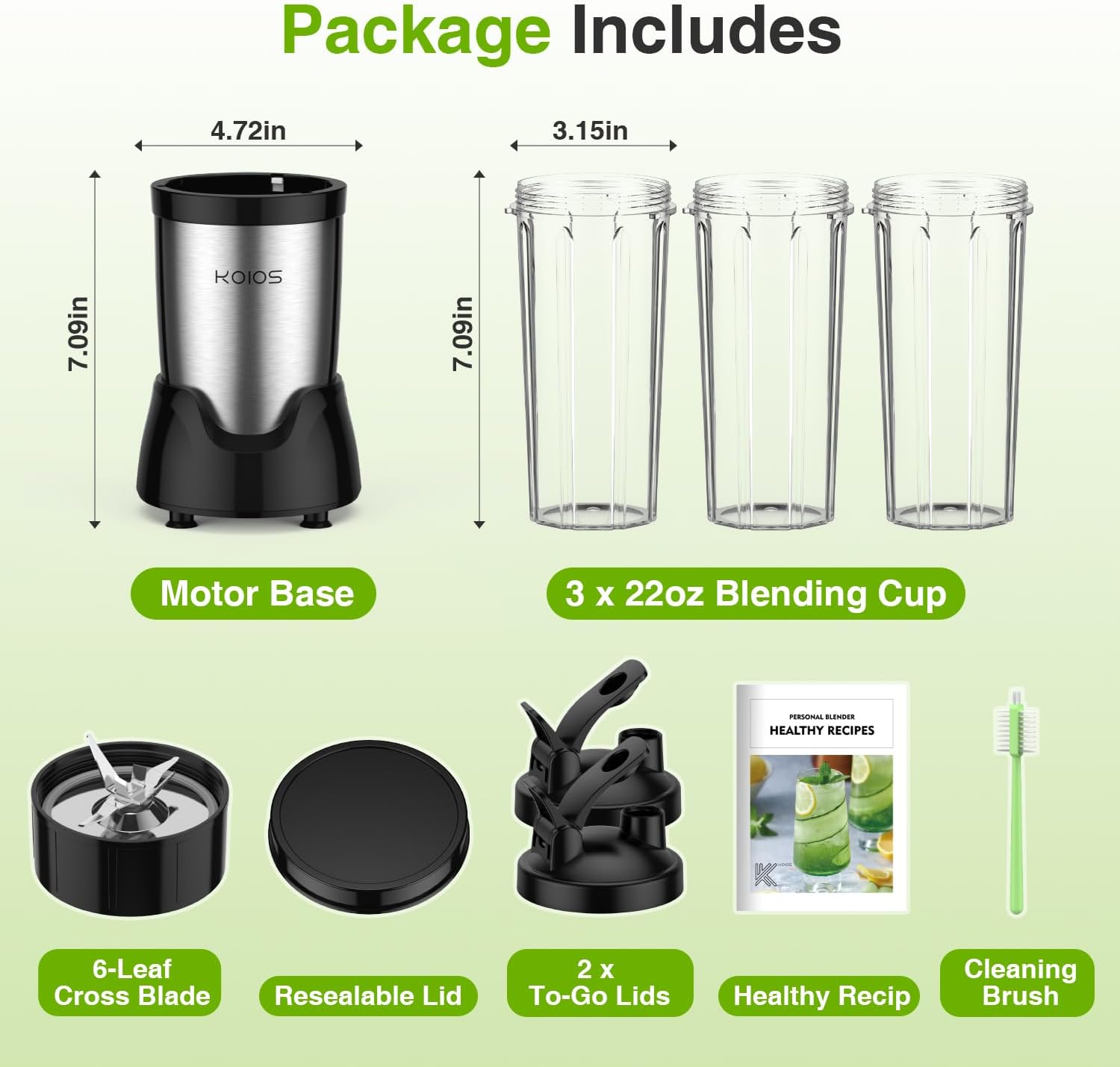 KOIOS Blender for Smoothies,Personal Blender for Shakes and Smoothies with 3 * 22oz To-Go