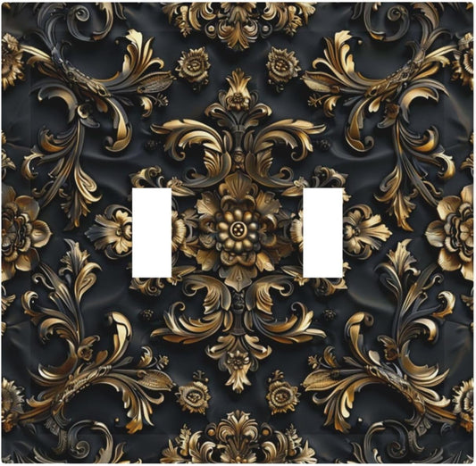 Decorative Switch Covers Plate Rococo Vintage Black Golden Leaf Morris Vine 2 Gang Wall Plate Unique Double Toggle Light Switch Plate Wall Cover Plate Faceplate for Bedroom Home Decor