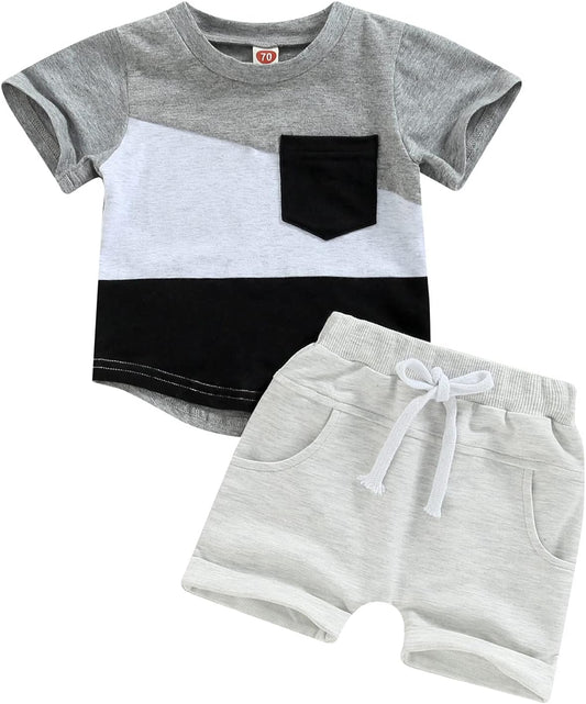 fhutpw Baby Toddler Boy Clothes Summer Outfits 6 12 18 24 Months Patchwork Short Sleeve T Shirt & Shorts Sets with Pockets