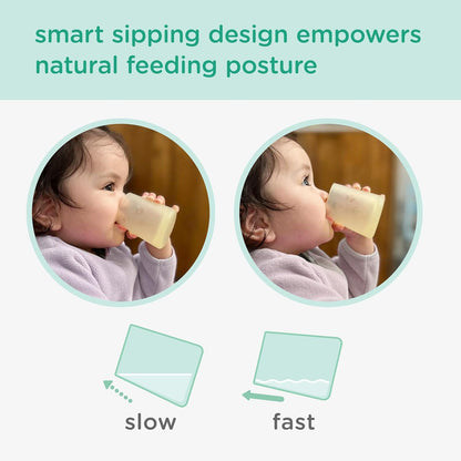 Olababy First Cup | Clear Sense 100% Silicone Infant Trainer Cup | 2oz Medicine Cup for Newborn | Non-Slip & Sloping Design for Tiny Hands & Baby Led Weaning (Blueberry/Mint, 2 Cups)