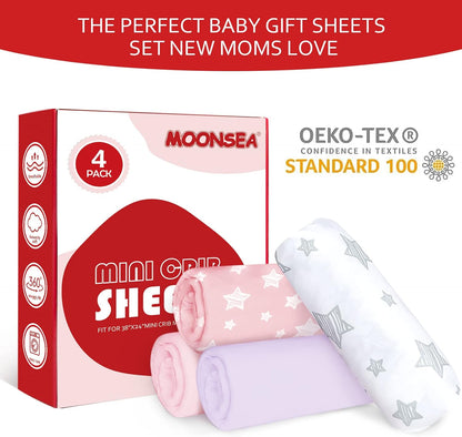 Mini Crib Sheets Fitted 4 Pack for Girls (38" X 24"), Compatible with Dream on Me, Delta Porta Crib