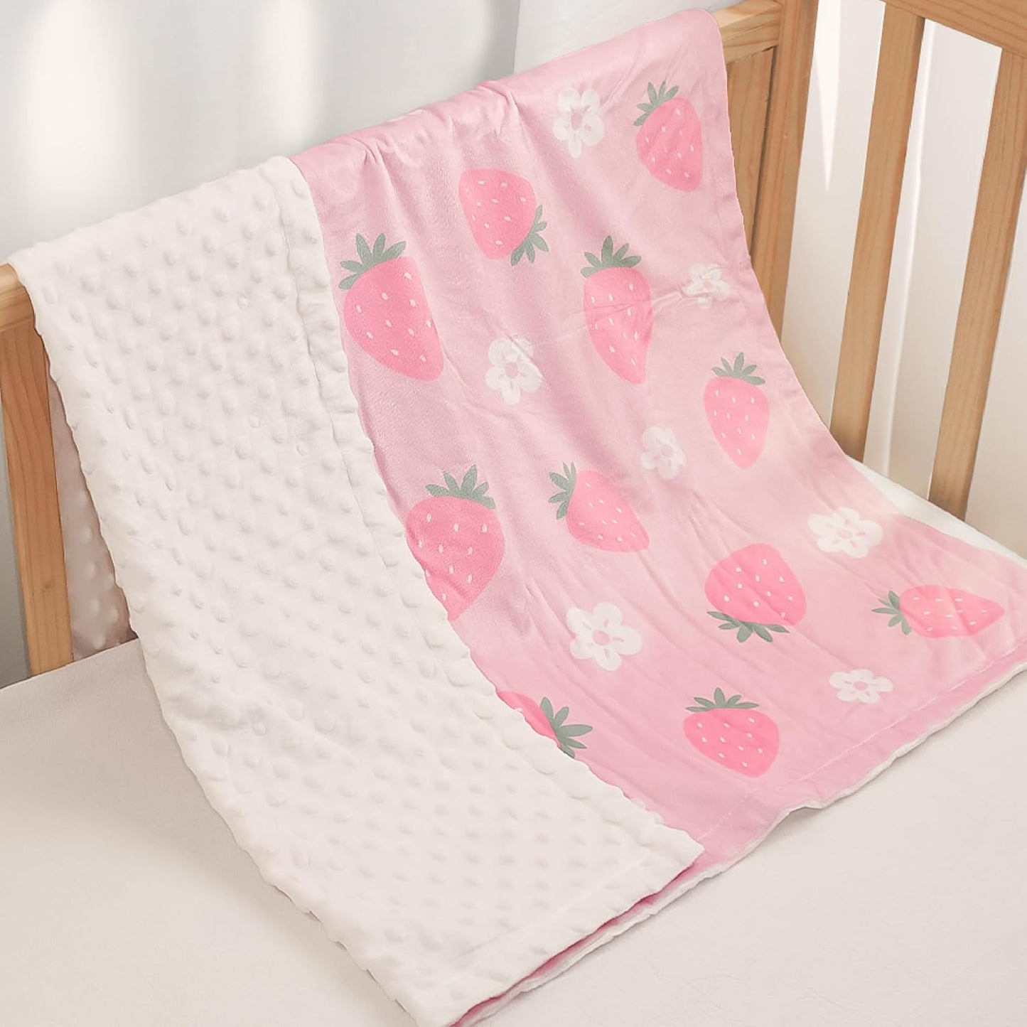 Strawberry Minky Baby Blanket 30 x 40 Inches for Girls, Soft Plush Receiving Blanket with Dotted
