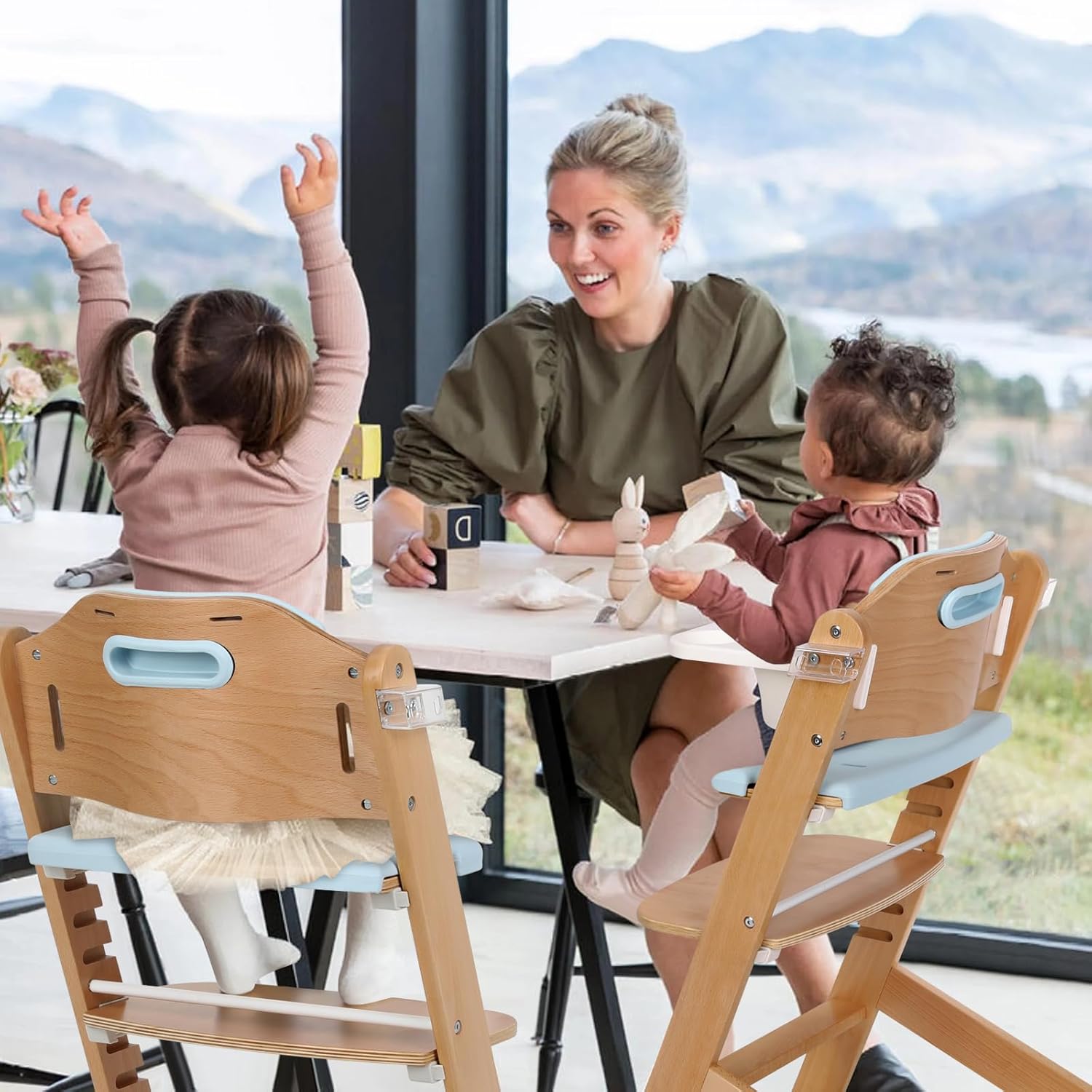 Cowiewie Natural Wooden High Chair for Babies & Toddlers 3-Tier Remove & Adjustable Tray, 8