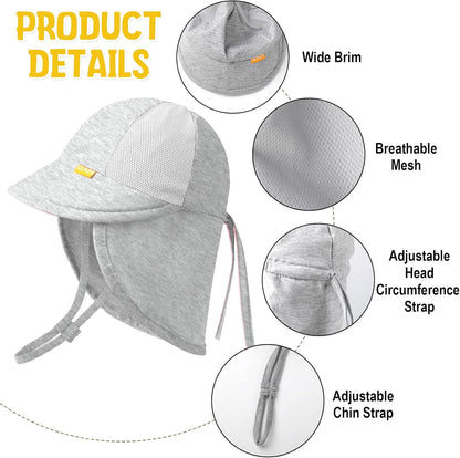 Baby Sun Hat with Breathable Mesh, UPF 50+ Cotton Adjusrtable Unisex Toddler Sun Hat for Summer Beach Swim