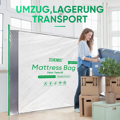 ZCHENBS® – Mattress Bags for Moving and Storage,Mattress Bag with Zippers,5 Mil Ultra-Thick Bed Bag,Waterproof,Anti-Tear,Heavy-Duty Mattress bag (Tansparent/Green, Green-Twin/Twin XL-(1 Pack))