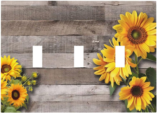 Sunflower Rustic Brown Gray Wood Decorative Switch Plates 3 Gang Wall Plate Triple Toggle Light