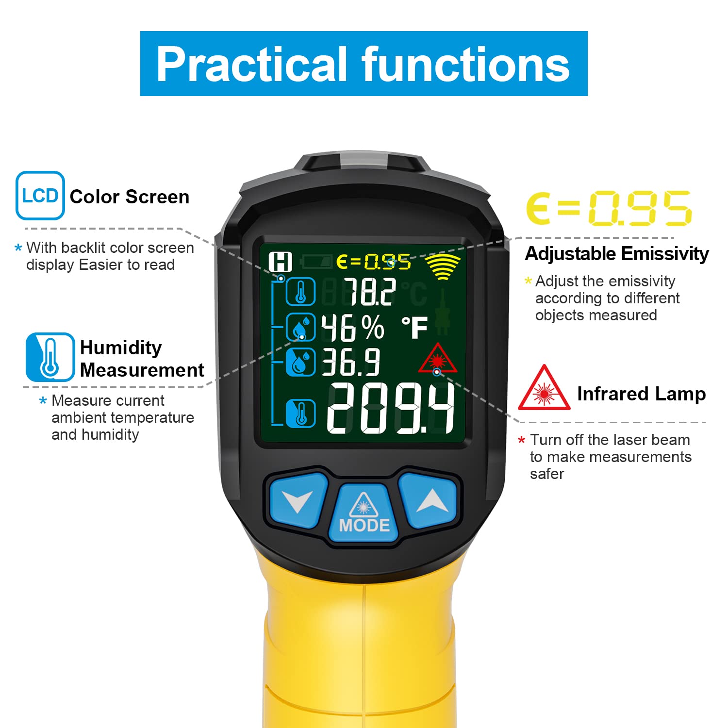 MESTEK Infrared Thermometer Laser Temperature Gun, -58°F to 1472°F (-50~800°C), Non-Contact Digital