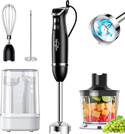 Sangcon 6-in-1 Immersion Blender Handheld, Hand Blender with Chopper & 34oz Blending Cup Storage