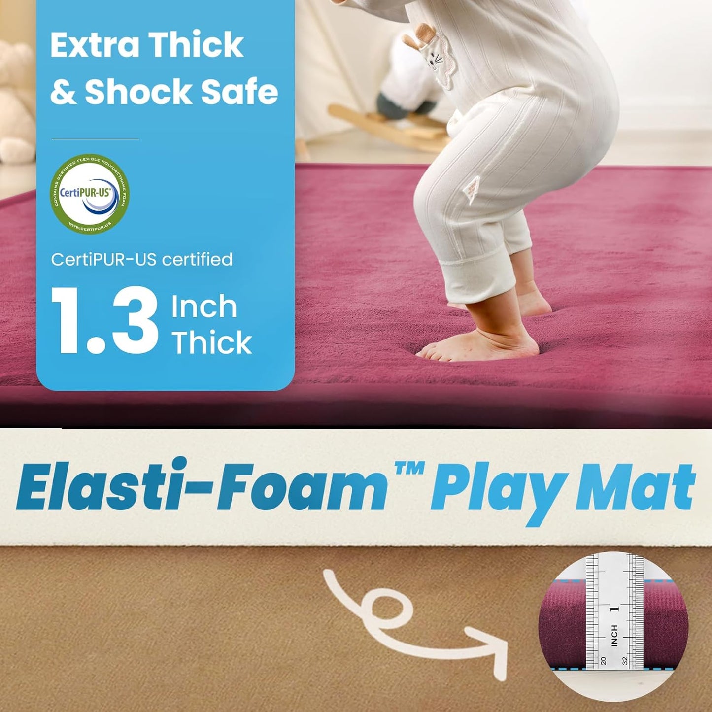 Ultra Soft Baby Play Mat,1.3" Thick Elasti-Foam Tummy Time Mat for Infants,Toddlers,Kids,Water-Repellent Coral Fleece Nursery Rug,Non-Slip Safe for Crawling&Hardwood Floors(Burgundy)