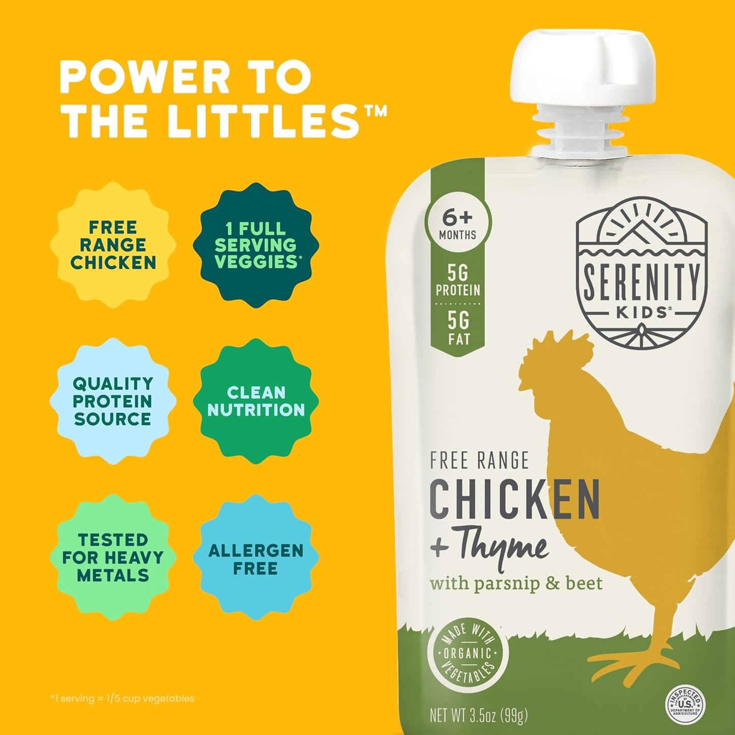 Serenity Kids 6+ Months Chicken Baby Food Pouches - BPA-Free Pouches - Free-Range Chicken & Organic