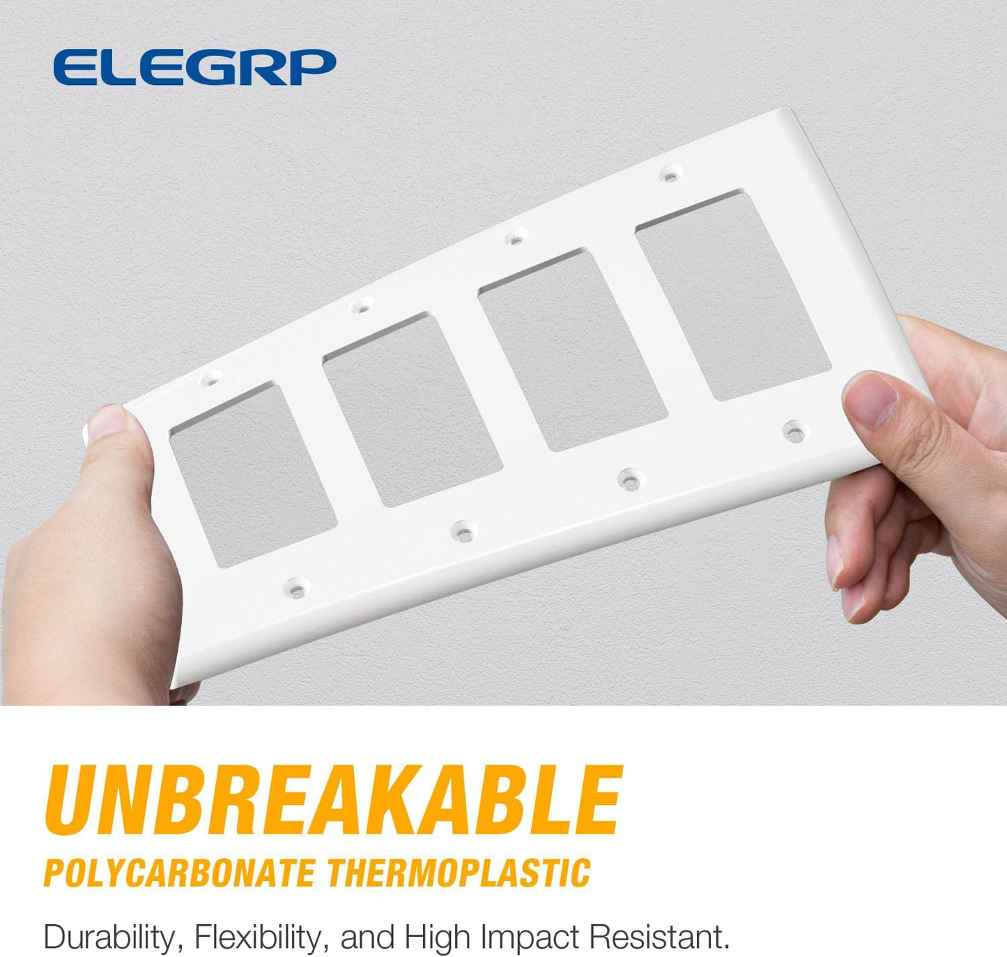 ELEGRP 4-Gang Decorative Wall Plates, Mid-Size 4.88" H x 8.57" L Unbreakable Thermoplastic Faceplate Cover for Decorator Receptacle Outlet Switch, UL Listed (2 Pack, Glossy White)