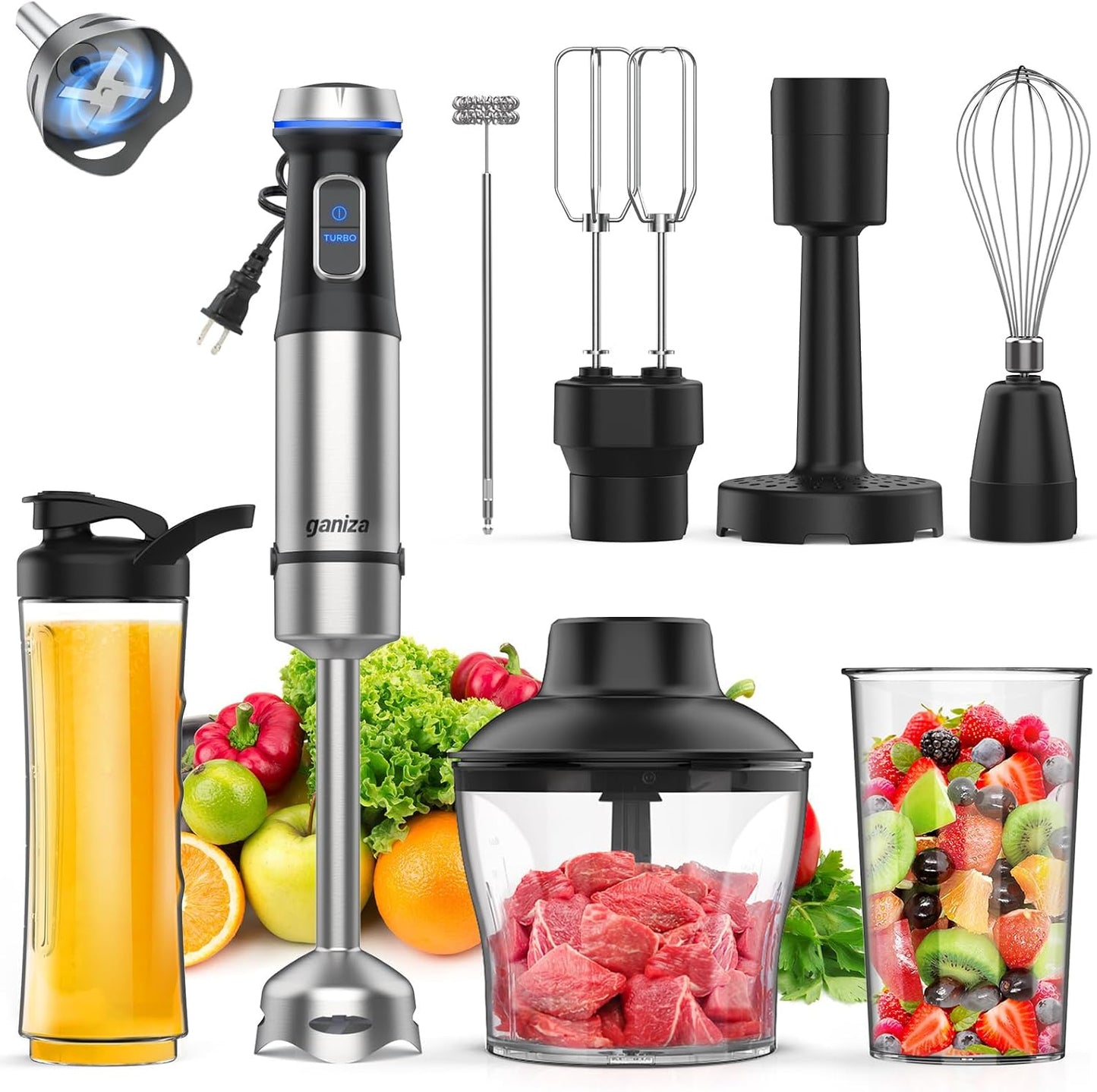 Ganiza 8 in 1 Immersion Blender - 1000W Heavy Duty Motor, 16 Speed Mode Handheld Blender With