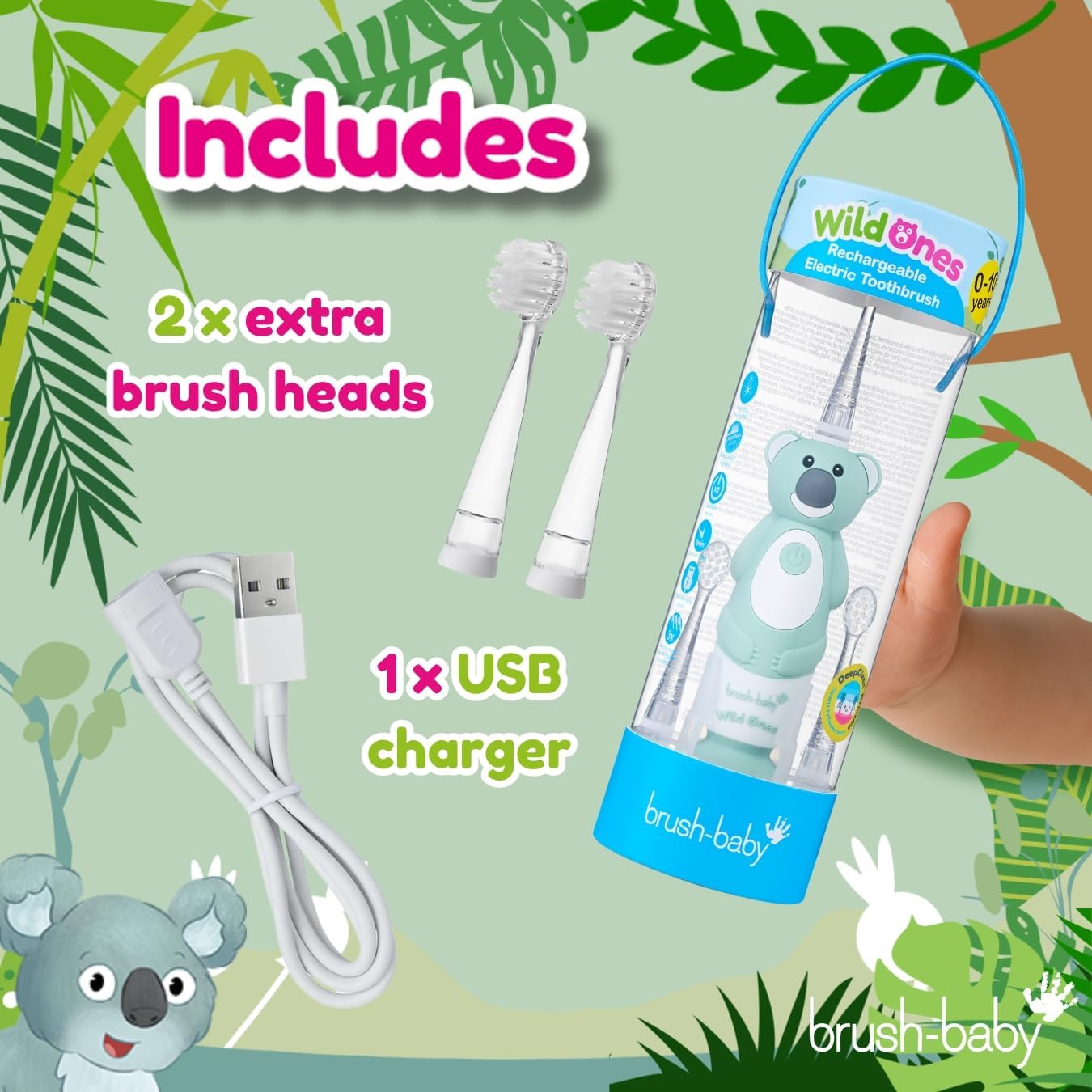 brush-baby WildOnes™ Rechargeable Kids Electric Toothbrush – Koala | Flashing Lights, 2-Min Timer
