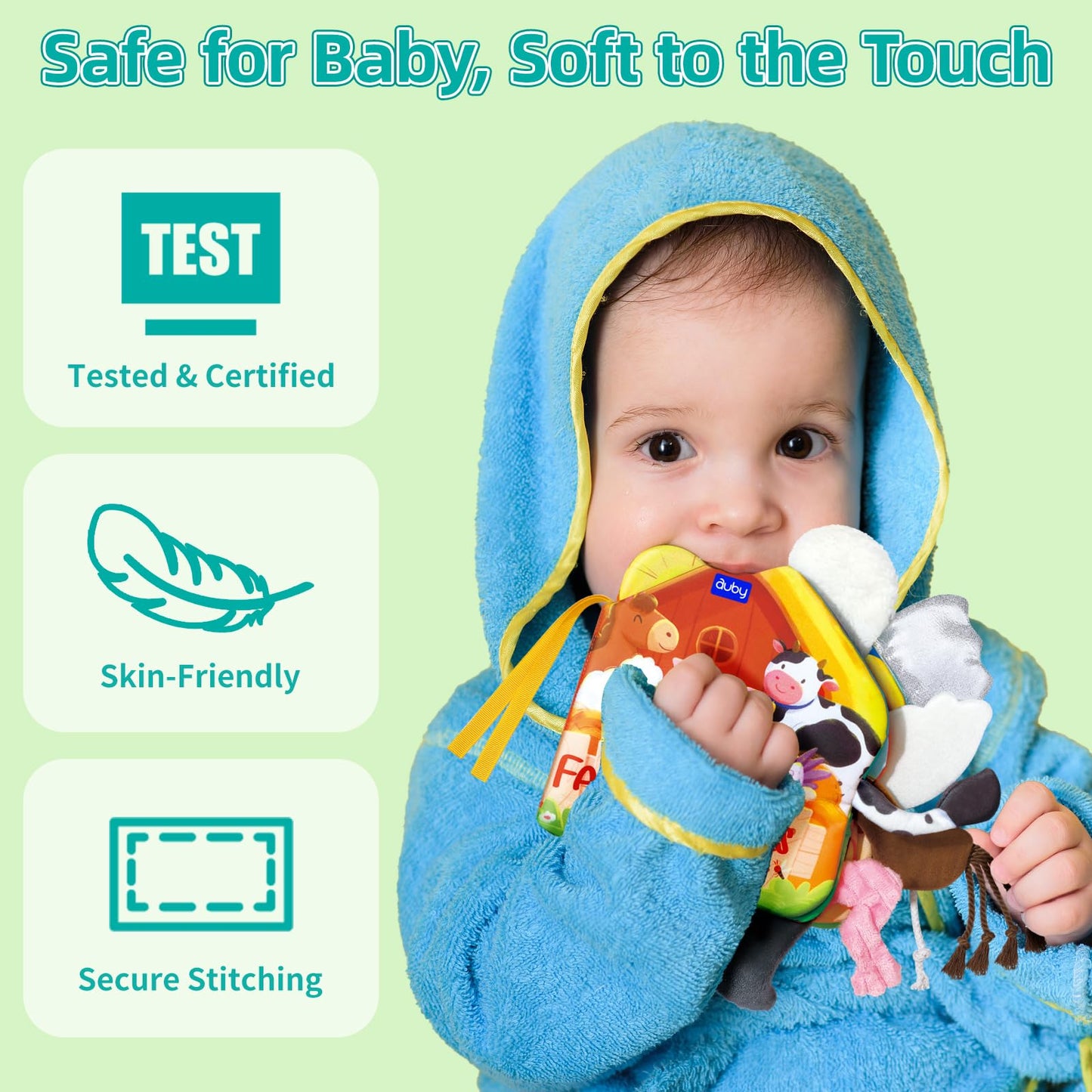 auby Baby Cloth Books, 3 Pack Soft Books for Babies 6M+, Travel Toy