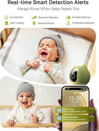 Outinput Smart WiFi Baby Monitor 2K 4MP, PTZ Indoor Cam for Nursery, Crying/Feed/Temp/Humidity Alerts, Night Vision w/Gentle Light, Soothing Lullabies for Baby Sleep, App Control, Cloud&Local Storage