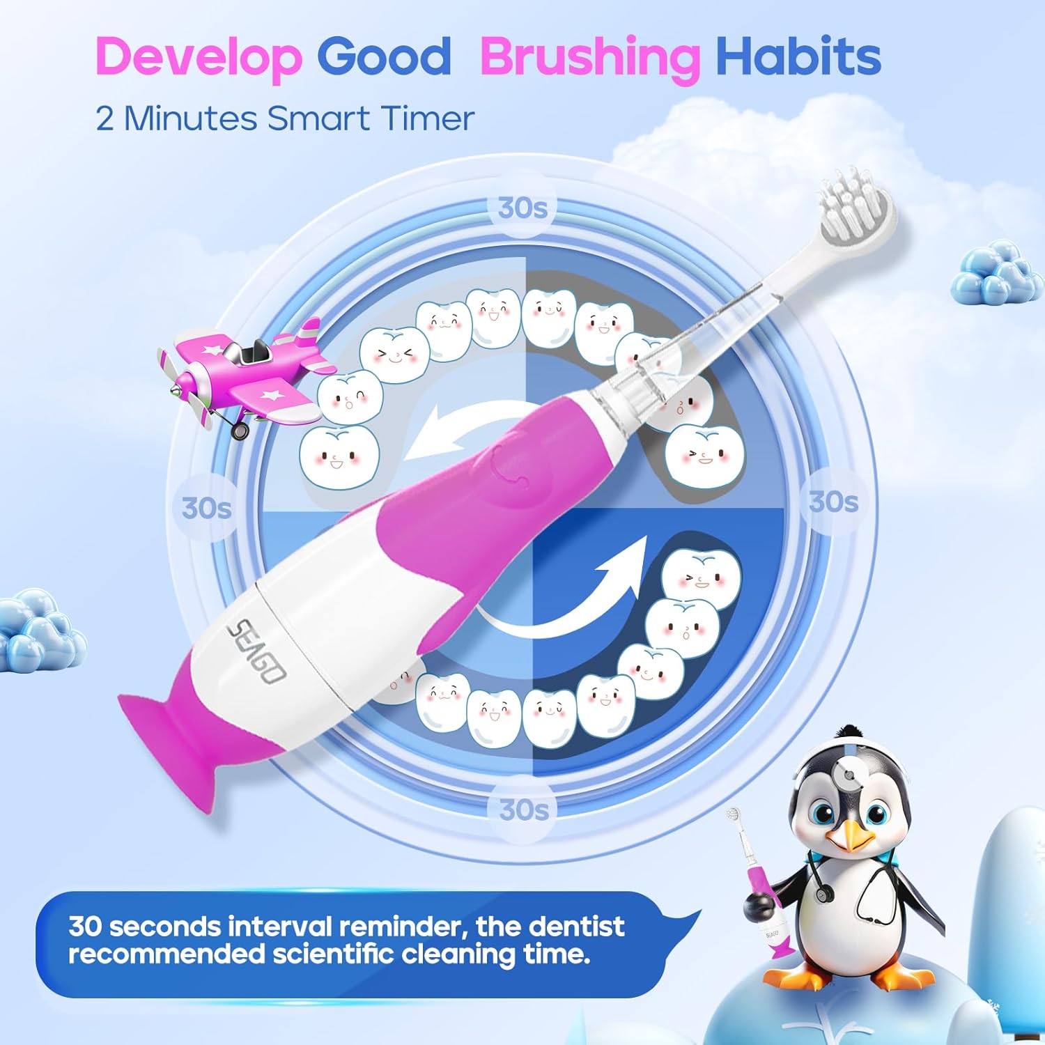 SEAGO Toddler Electric Toothbrushes for Baby Ages 0-3 Years, Baby Toothbrush with Smart Timer and
