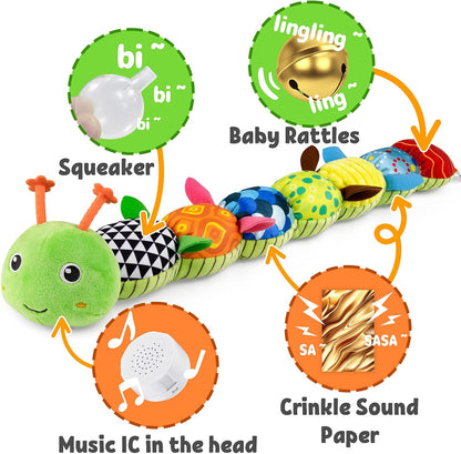 LIGHTDESIRE Baby Toys Musical Caterpillar,Infant Stuffed Animal Toy with Crinkle and Rattles,Soft Sensory Toys with Textures for Tummy Time Newborn Boys Girls 0 3 6 12 Months(Green)